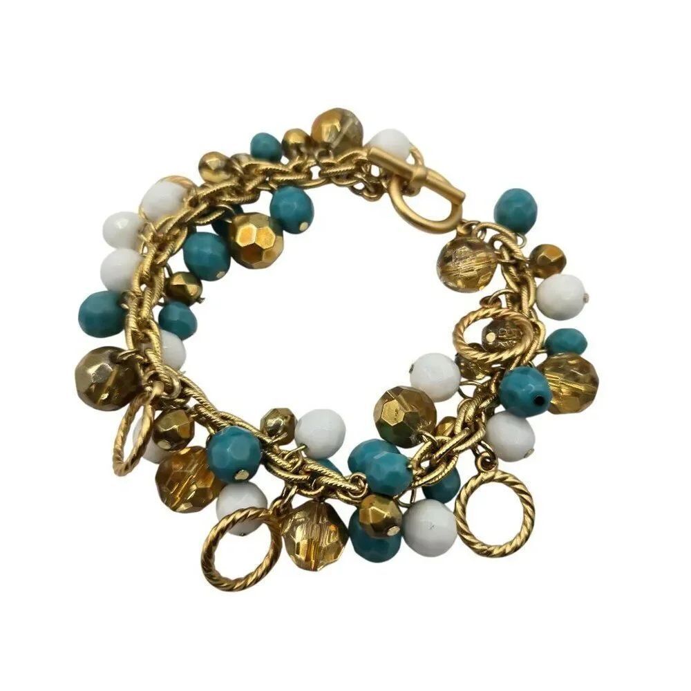 Vintage Kenneth J LaneโToggle Bracelet Turquoise Beaded Gold Tone 8"